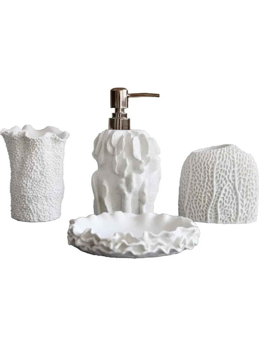 Coral Seashell Bathroom Accessories Set - 4 Pcs Resin Decor for Farmhouse Style